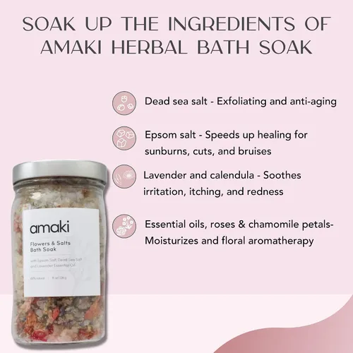 Vista 4 de Juego de flores y sales de baño Amaki Skincare con aceite esencial lavanda, pétalos de rosa, lavanda, caléndula y flores de manzanilla (2 paquete)