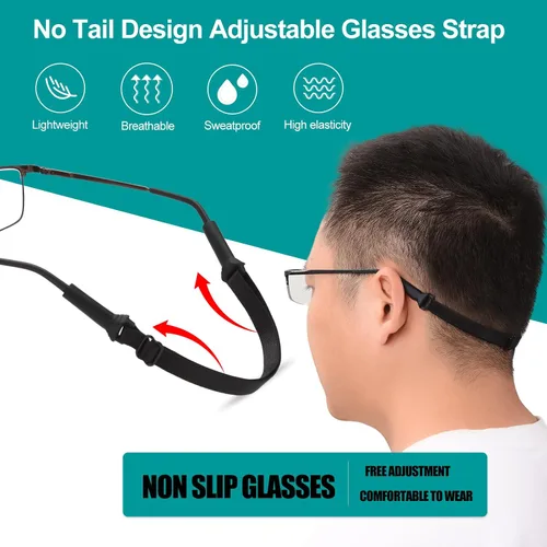 Vista 3 de 4 correas de soporte para gafas, tela elástica sin cola para gafas, cordón para el cuello, ajustable para lentes de sol deportivos y soporte