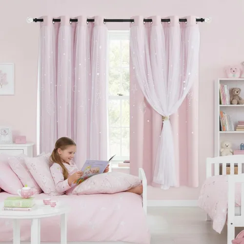 Vista 44 de NICETOWN Cortinas para Dormitorio de Niñas Infantiles con Estrellas Caladas Ventana 2 Capas Cortina 63 Pulgadas de Longitud Oscurecimiento