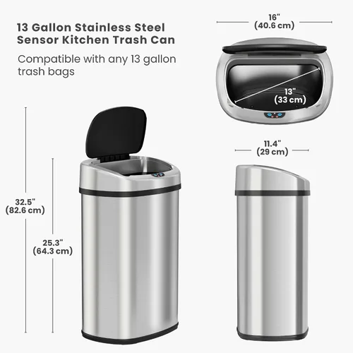 Vista 7 de iTouchless - Cubo de basura con sensor sin contacto y sistema de control de olores, forma ovalada, cubo de 13 galones y acero inoxidable para cocina