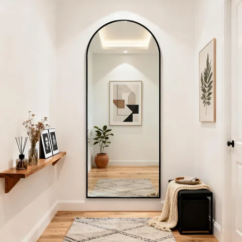 Vista 7 de Espejo de Cuerpo Entero 56"x21" - Espejo de Cuerpo Arqueado de Pie con Marco de Aluminio, Inclinado/Colgante para Dormitorio Vestidor Sala de Estar