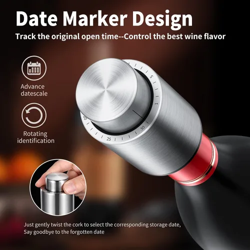 Vista 5 de Tapones para botellas de vino, tapón de vino al vacío 2 en 1, ahorradores de vino de acero inoxidable, conservador de vino reutilizable, tapones
