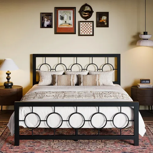 Vista 10 de SHA CERLIN Marco de cama de metal tamaño King con cabecera y pie de cama de diseño circular vintage, no requiere somier, fácil montaje, sin ruido