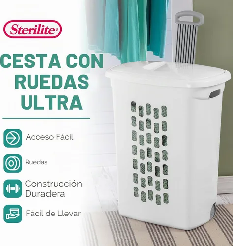 Vista 2 de Sterilite Paquete de 3 Cestas de Ropa Ultra con Ruedas, Cesta de Lavandería con Tapa Abatible y Mango Retráctil - Carrito de Almacenamiento de Ropa