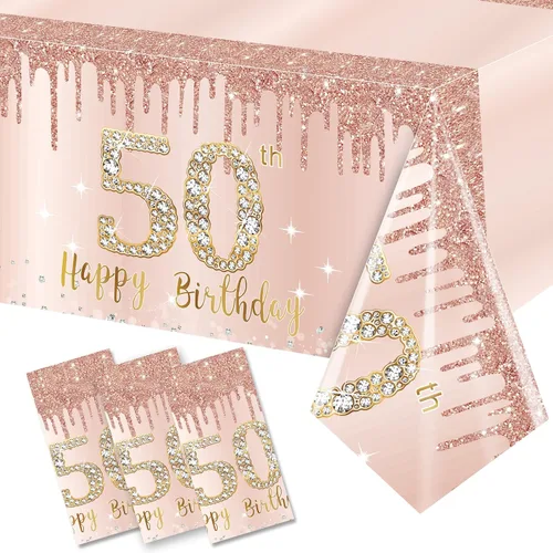 Vista 14 de Pack de 3 manteles de cumpleaños número 70 para mujer, rosado y dorado, mantel de plástico desechable rectangular para fiesta de cumpleaños número