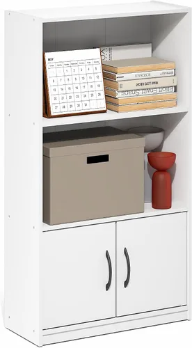 Vista 27 de Furinno Gruen - Estantería pequeña de 2 niveles, estantería con estante abierto y armario de almacenamiento de puertas, 9.3 x 21.8 x 27 pulgadas