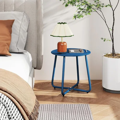 Vista 8 de HollyHOME Mesa auxiliar redonda de metal, resistente al óxido, soporte para plantas pequeñas para patio, mesa auxiliar portátil para exteriores