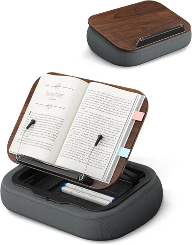 Vista 7 de Viozon Soporte de almohada para libro de regazo con almacenamiento, almohada de lectura ajustable con panel de madera oscura, soporte de libro
