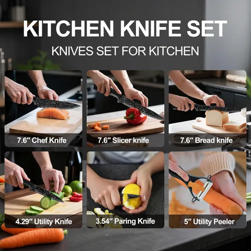 Vista 5 de Juego de cuchillos de cocina de 6 piezas con revestimiento antioxidante y asas ergonómicas, ligero, apto para lavavajillas, regalo para entusiastas