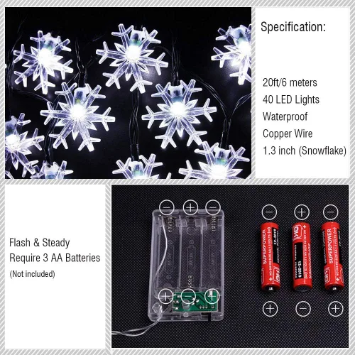 Vista 4 de WesGen - Guirnalda de luces de Navidad, tira de luces de copo de nieve, funciona con pilas, impermeable, 20 pies, 40 luces LED para Navidad, jardín