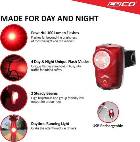 Vista 2 de CECO Luz trasera de bicicleta recargable USB súper brillante de 100 lúmenes, IP67 impermeable, FL-1 resistente a los impactos, calidad de grado