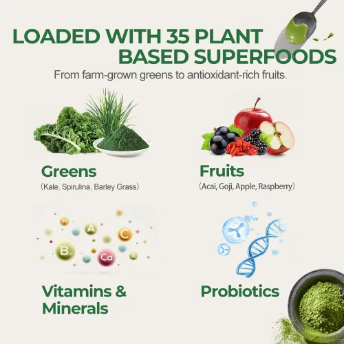 Vista 4 de Super Greens Powder Superfood, suplemento diario en polvo verde con probióticos mezcla de bebidas para hombres y mujeres, mezcla de verduras
