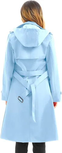 Vista 2 de FARVALUE Gabardina impermeable para mujer, rompevientos de doble botonadura, clásico con solapa con cinturón y capucha extraíble