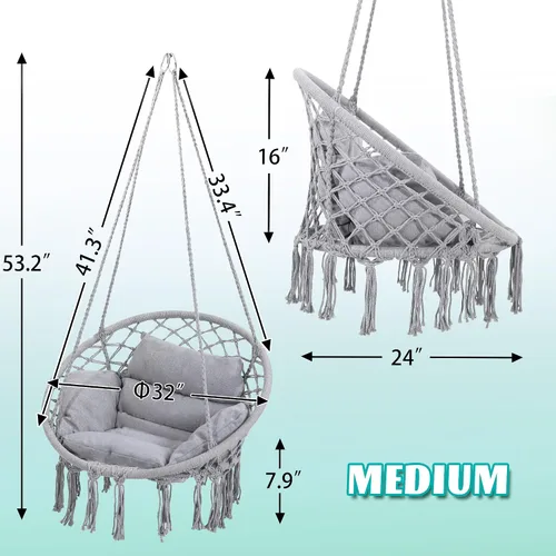 Vista 5 de KROFEM - Silla columpio de macramé, silla colgante para dormitorio, cojín grueso Gris ordinario