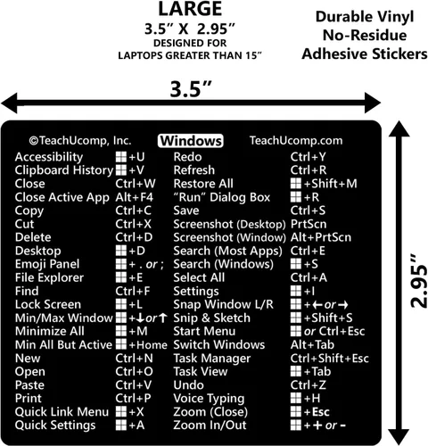 Vista 2 de TEACHUCOMP Adhesivo de atajos de teclado para Windows 11 y 10 Training Aid Cheat Sheet- Vinilo negro, laminado, adhesivo sin residuos