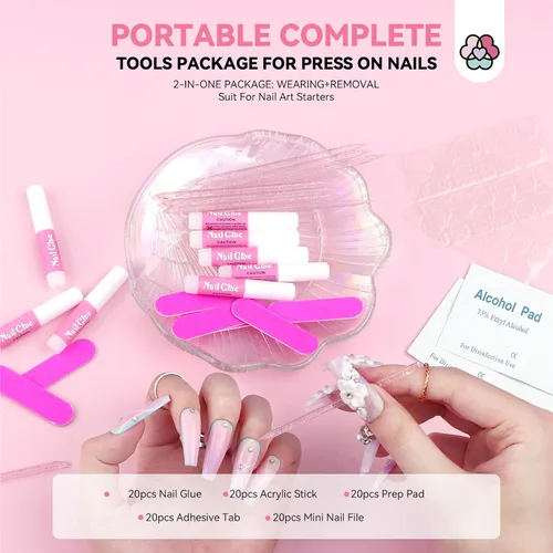 Vista 2 de SAVILAND Kit de herramientas de uñas a presión de 20 piezas: kit de preparación de uñas con pegamento de uñas, pestañas adhesivas, mini lima