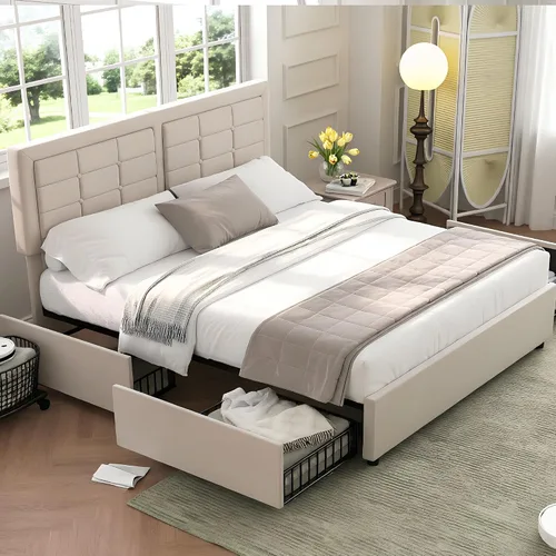 Vista 27 de VECELO Base de cama tamaño matrimonial, cabecera tapizada ajustable con botones, marco de cama resistente con soporte de listones de madera,