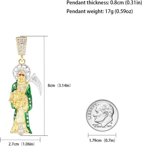 Vista 2 de Collar de Santa Muerte con diamantes chapado en oro de 14 quilates, colgante de Santa Muerte con hoz, regalo navideño (oro-255), Cobre + acero