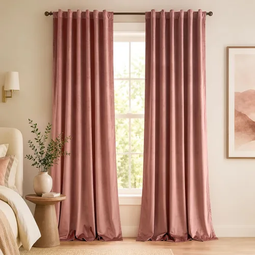 Vista 117 de Lazzzy Cortinas opacas de terciopelo beige de 84 pulgadas de largo con aislamiento térmico para oscurecer la habitación, cortinas forradas de lujo