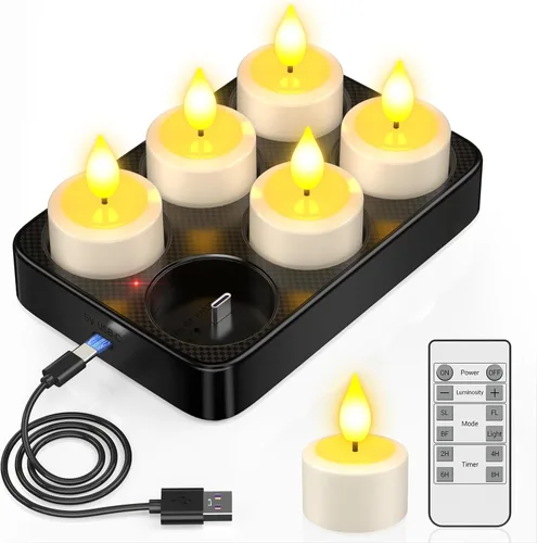 Vista 9 de PChero Paquete de 6 velas de té recargables con temporizador remoto, USB-C