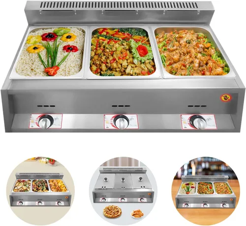 Vista 6 de Calentador de alimentos comercial, freidora de gas para encimera, calentador de sopa de alimentos, mesa de vapor con tapas para fiestas, catering