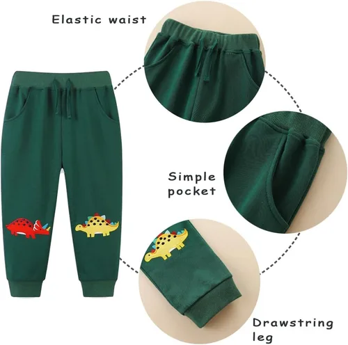 Vista 2 de GFQLONG Paquete de 3 pantalones deportivos elásticos con cordón para bebé, de algodón, dinosaurio, con bolsillos