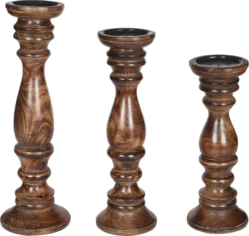 Vista 4 de Juego de 3 candelabros de pilar de madera de granja - Portavelas altos rústicos hechos a mano para decoración del hogar, centros de mesa, bodas