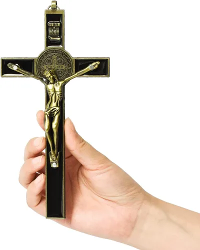 Vista 7 de VINETEN Crucifijo de pared esmaltado azul - Cruz de pared de metal de San Benito, cruz de arte para dar bendición y lo sagrado espiritual, regalo