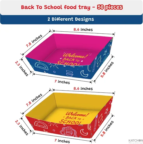 Vista 2 de KatchOn Bandejas de papel para comida de regreso a clases, paquete de 50 botes de papel desechables, bandejas de servir con temática escolar