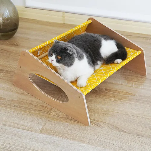 Vista 9 de Cama elevada de madera para gatos, hamaca transpirable para mascotas de tamaño mediano para todas las estaciones, muebles elevados estables