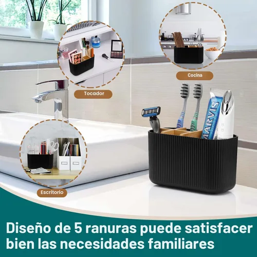 Vista 7 de GFWARE Soporte para cepillos de dientes negro – Portacepillos de dientes de bambú para baños, organizador de cepillos de dientes eléctrico