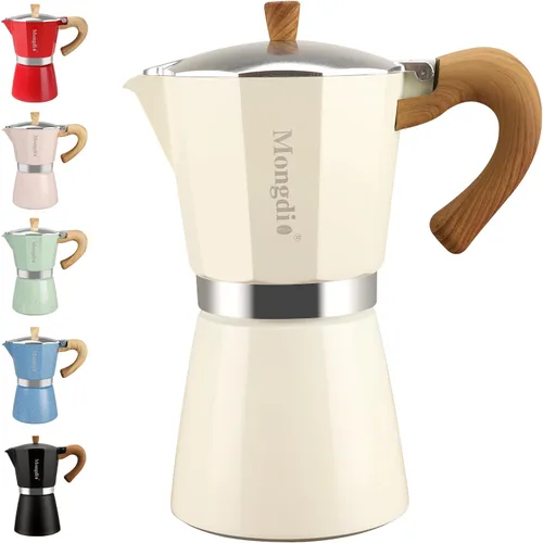 Vista 15 de Mongdio Cafetera de café expreso Moka Pot, cafetera cubana, cafetera de estufa Moka Italian Espresso Greca, cafetera percoladora, 3 tazas de Negro