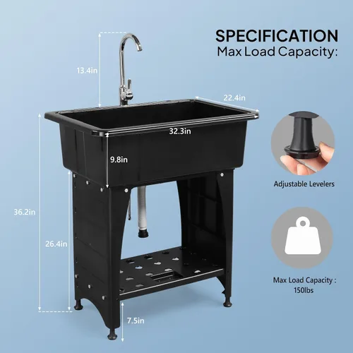 Vista 3 de ROVSUN Fregadero utilitario de plástico negro de 20 galones con grifo de agua caliente y fría, capacidad de carga de 150 libras, altura y versión