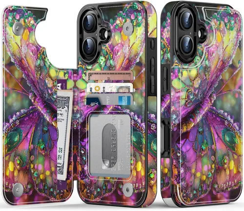 Vista 92 de FUNMIKO Funda tipo cartera para iPhone 13 con tarjetero, bloqueo RFID, protección de grado militar y obras de arte impresas con rayos UV, cierre