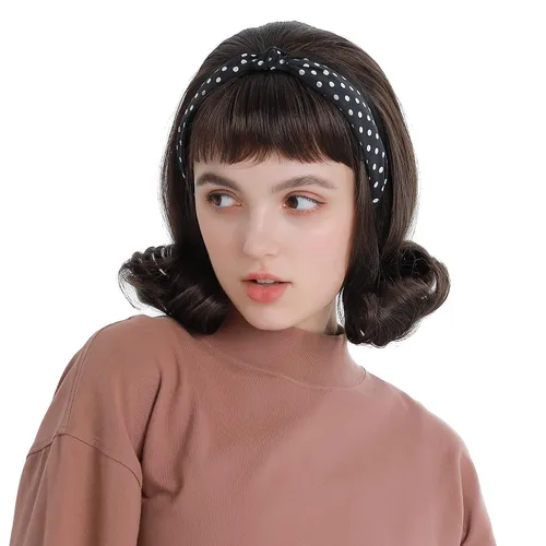 Vista 3 de H&Bwig Retro Pelucas de pelo marrón rizado peluca para las mujeres diarias de los años 50 60 s traje Cosplay partido colmena pelucas con tapa