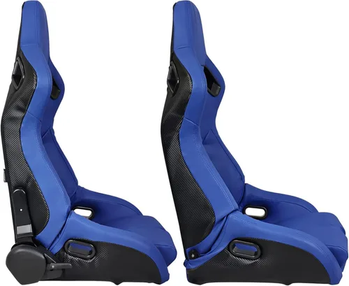 Vista 3 de IKON MOTORSPORTS, Par de asientos universales de carreras con deslizadores dobles, cuero de PU azul y carbono reclinable izquierdo y derecho