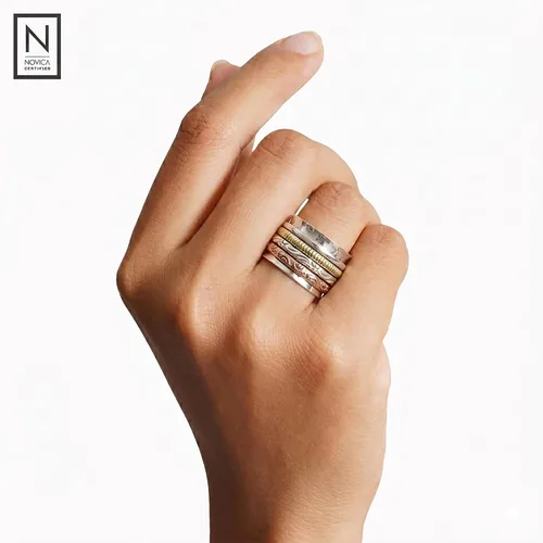 Vista 5 de NOVICA Anillo giratorio de meditación artesanal hecho a mano de plata esterlina cinco sentidos