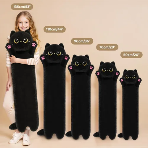 Vista 6 de Almohada larga de felpa negra ultra suave diseñada por artistas de Mewaii, con relleno extra para mayor comodidad, peluche de animal de alta