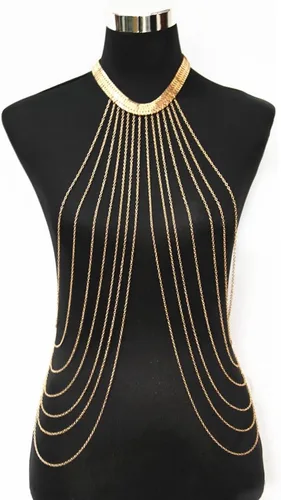 Vista 2 de JoJo & Lin arnés de cadenas para el cuerpo, dorado, regulable con collar de muchas filas de cadena delgada