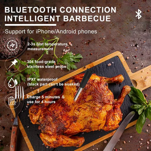 Vista 2 de Termómetro inalámbrico Bluetooth para carne, alcance de 200 pies, termómetro inalámbrico para alimentos con aplicación termómetro de carne para asar