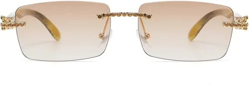 Vista 6 de KAMMPT Gafas de sol vintage sin montura para mujeres y hombres, lentes rectangulares de metal dorado con diamantes sin marco