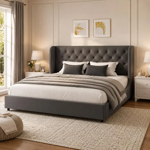 Vista 10 de HOMBCK - Marco de cama tamaño completo, base de cama tapizada en plataforma gris con cabecero, terciopelo acolchado, diseño de ala curvada, listones