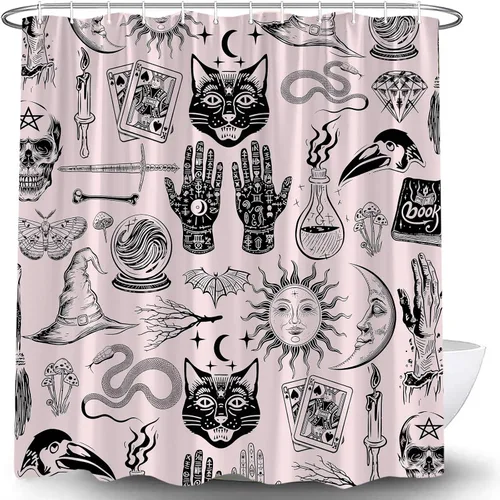 Vista 8 de Cortina de ducha de bruja de Halloween, color negro, espeluznante, alquimia gótica, psíquica, espeluznante, calavera, esqueleto, tablero de Ouija
