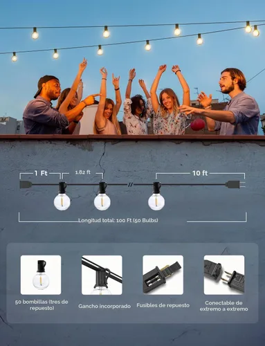 Vista 6 de Cadena de luces para exteriores – Cadena de luces al aire libre, impermeable, de 100 pies, luces LED de color blanco cálido regulables, control