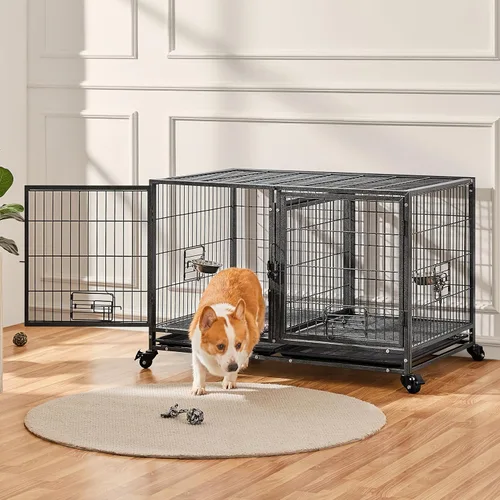 Vista 3 de Yaheetech Jaula Apilable para Perros con Divisor de 43'' Rodante Jaula de Servicio Pesado para Perros con Parte Superior Abierta/2 Bandejas