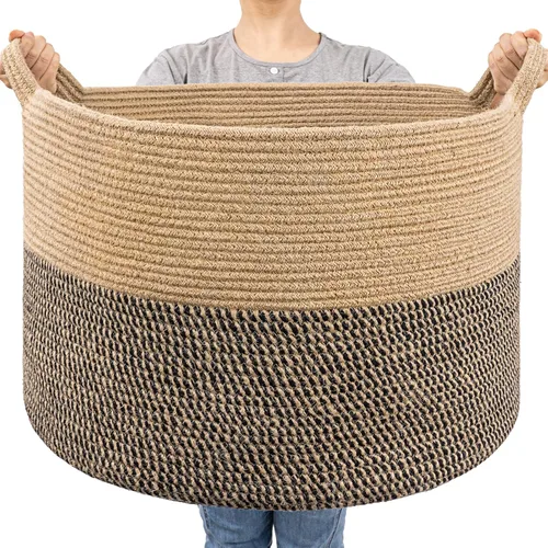 Vista 10 de Goodpick Cesta de manta de 65 litros, 19.7 x 12.6 pulgadas, cesta de cuerda de algodón, para sala de estar, organizadores de juguetes y Todo marrón