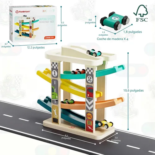 Vista 9 de TOP Bright Juguetes de rampa de madera para niños pequeños de 1 a 2 años de edad, habilidades motoras, pistas de carreras, rampa de automóvil