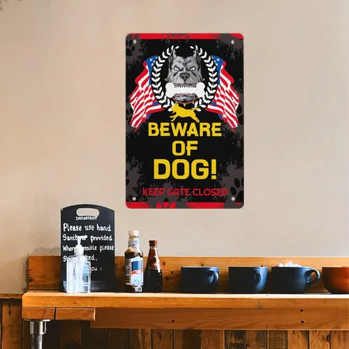 Vista 8 de BOBA BLANKET Letrero de metal con texto en inglés «Beware Of Dog» para decoración de pared, divertido cartel de arte para bar de café, 12 x 8
