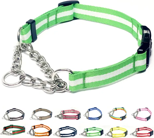 Vista 10 de Collar Martingale para perros, collares de nailon ajustables con hebilla de liberación rápida, rayas multicolores, cadena de acero inoxidable