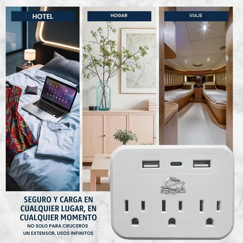 Vista 5 de Regleta de alimentación sin sobretensión (6 en 1) compatible con cruceros con 3 salidas de CA, 2 puertos USB y 1 USB-C, 2500W, carnaval, noruego